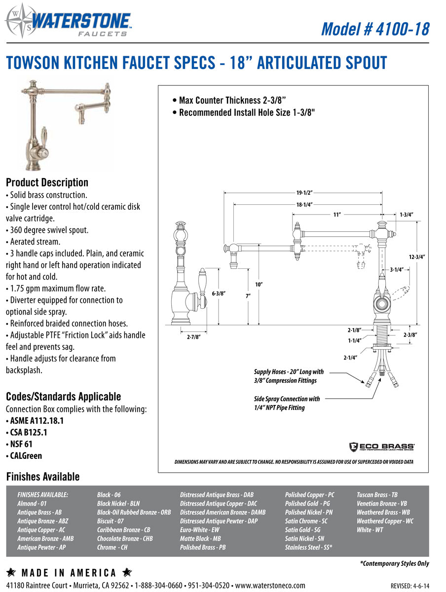 Waterstone 4100-18-1 Towson Kitchen Faucet 18
