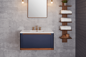 Wet Style EBHS36WM-L27W37 Bauhaus Vanity 36 Wall Mount, Lacquer Matte Lacquer Pacific Blue Facadeand Sides, Oak Coffee Bean Trim And Dovetail Maple Int. Drawer