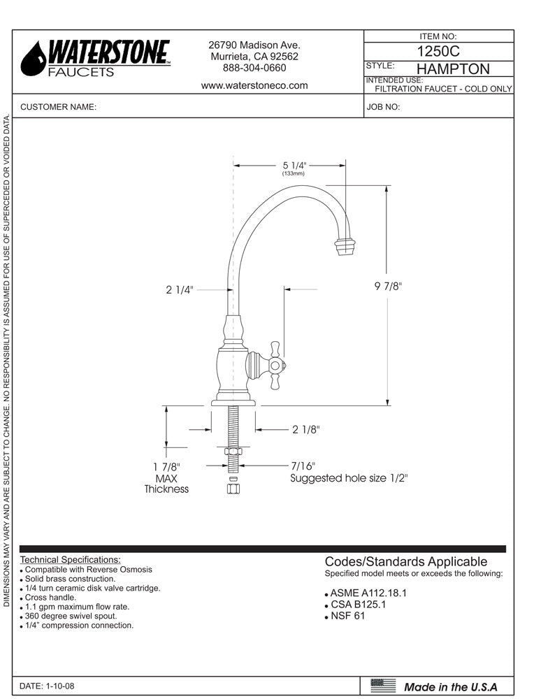 Waterstone 1250C Hampton Cold Only Filtration Faucet Cross Handle –  Plumbing Overstock