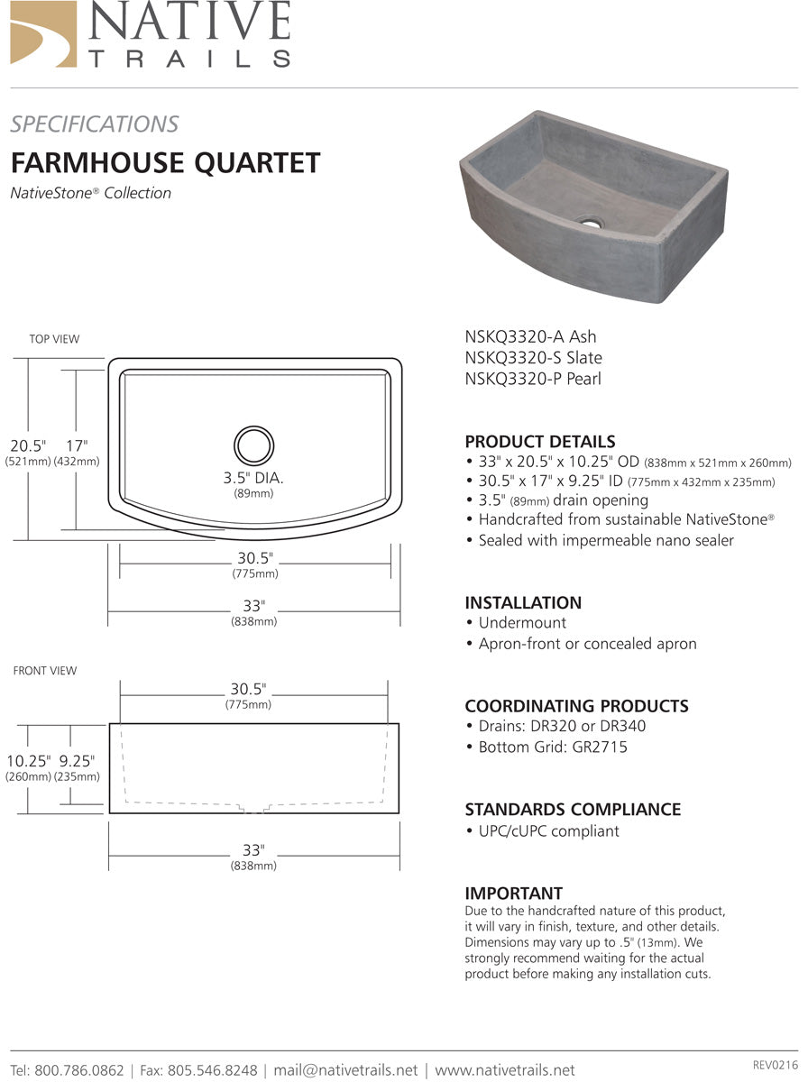 Native Trails Nskq3320 33 Farmhouse Quartet Undermount Kitchen Sink