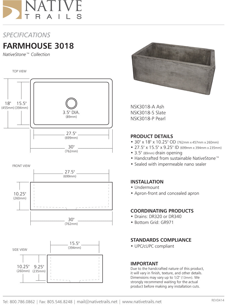 Farmhouse 3018  30-Inch Concrete Apron-Front Kitchen Sink